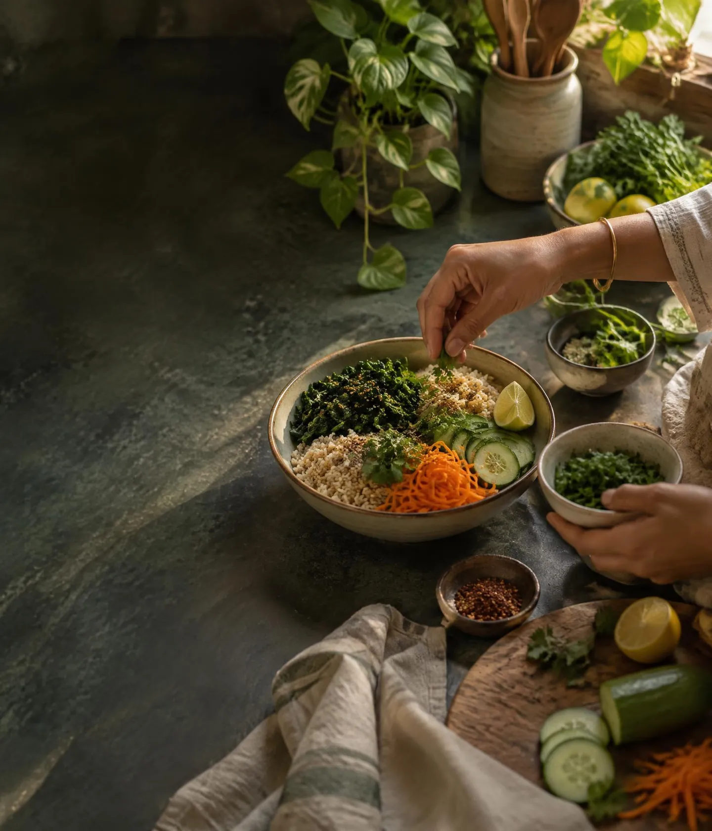 A nourishing bowl being prepared with fresh vegetables and herbs